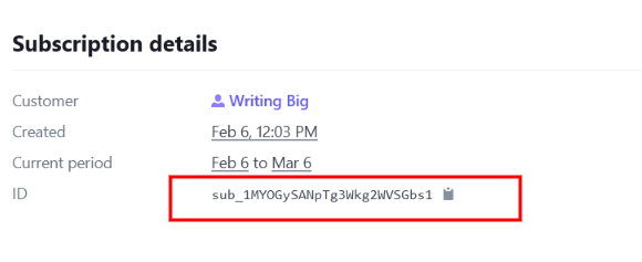 The ID of a subscription in the Stripe Dashboard